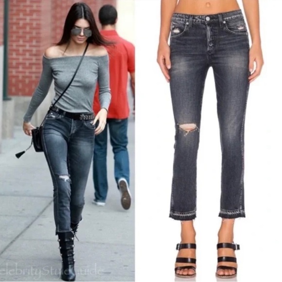 AMO Babe Button Fly Crop Jeans in Vixen Destroy Faded Black Wash Raw Release Hem - Picture 2 of 9